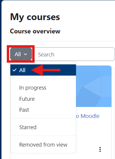 screenshot showing the filter on My Courses page, select All to see all courses you have access to